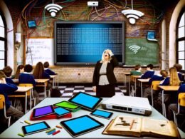 Ein ehrliches Klassenzimmer mit Smartboard-Fehler, kaputten Tablets, angespannten Schülern und gestresster Lehrerin vor WLAN-Routern und Altbaumauern.