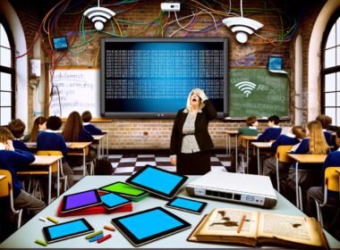 Ein ehrliches Klassenzimmer mit Smartboard-Fehler, kaputten Tablets, angespannten Schülern und gestresster Lehrerin vor WLAN-Routern und Altbaumauern.