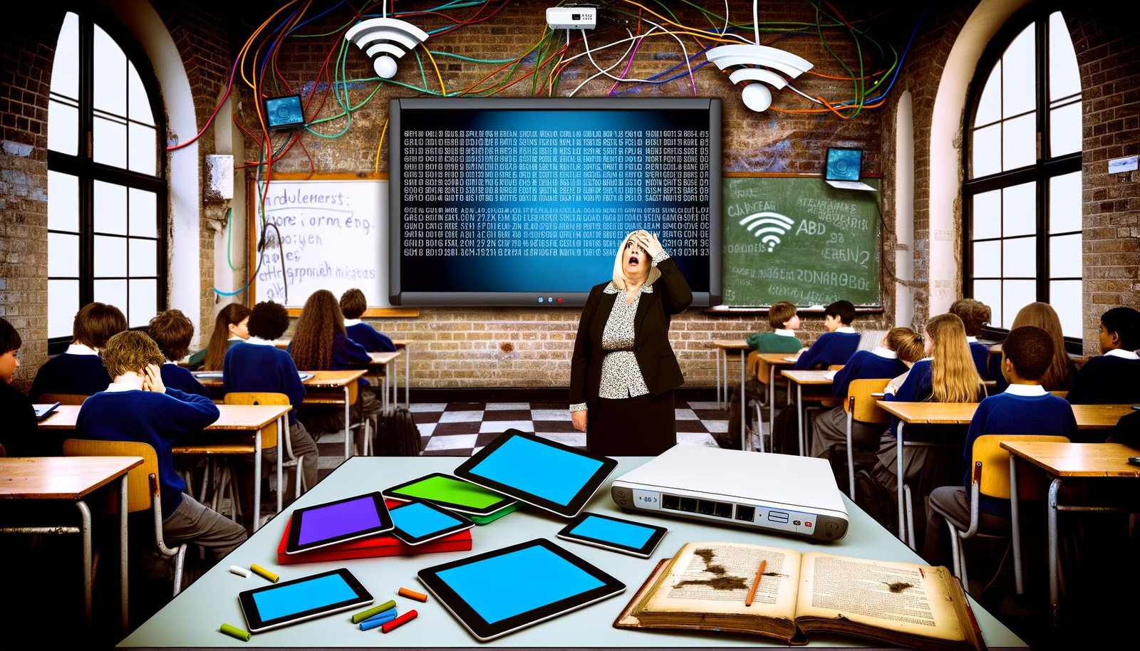 Ein ehrliches Klassenzimmer mit Smartboard-Fehler, kaputten Tablets, angespannten Schülern und gestresster Lehrerin vor WLAN-Routern und Altbaumauern.