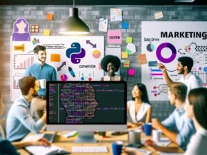Marketing-Team im modernen Büro diskutiert engagiert vor Notebook mit Python-Code, umgeben von Whiteboards, Charts und Datenvisualisierungen.
