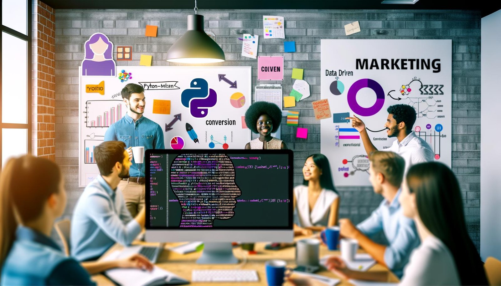 Marketing-Team im modernen Büro diskutiert engagiert vor Notebook mit Python-Code, umgeben von Whiteboards, Charts und Datenvisualisierungen.