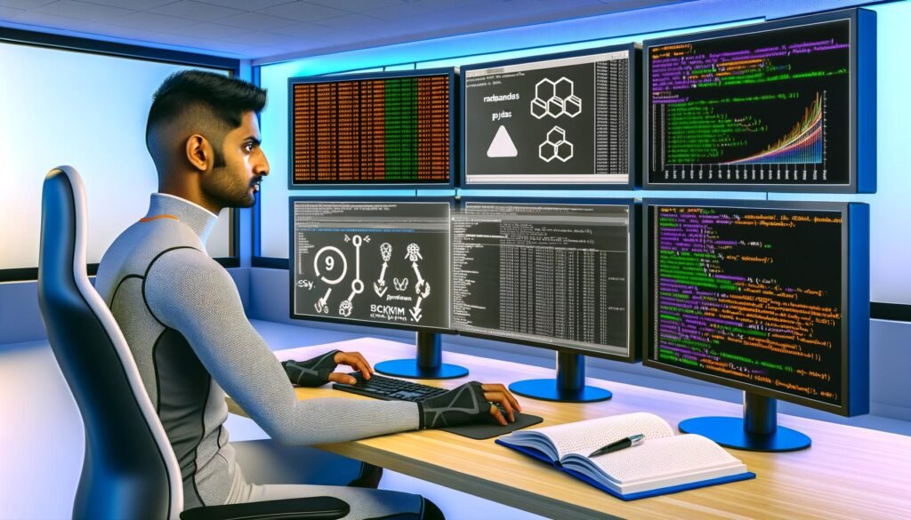 Data Scientist in sportlicher Kleidung analysiert komplexe Daten mit Python, Pandas und scikit-learn an futuristischen Arbeitsplätzen voller Bildschirme, Diagramme und Algorithmen.