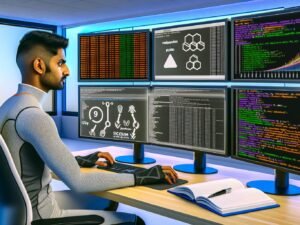 Data Scientist in sportlicher Kleidung analysiert komplexe Daten mit Python, Pandas und scikit-learn an futuristischen Arbeitsplätzen voller Bildschirme, Diagramme und Algorithmen.