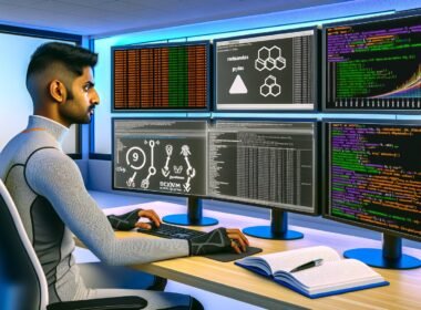 Data Scientist in sportlicher Kleidung analysiert komplexe Daten mit Python, Pandas und scikit-learn an futuristischen Arbeitsplätzen voller Bildschirme, Diagramme und Algorithmen.