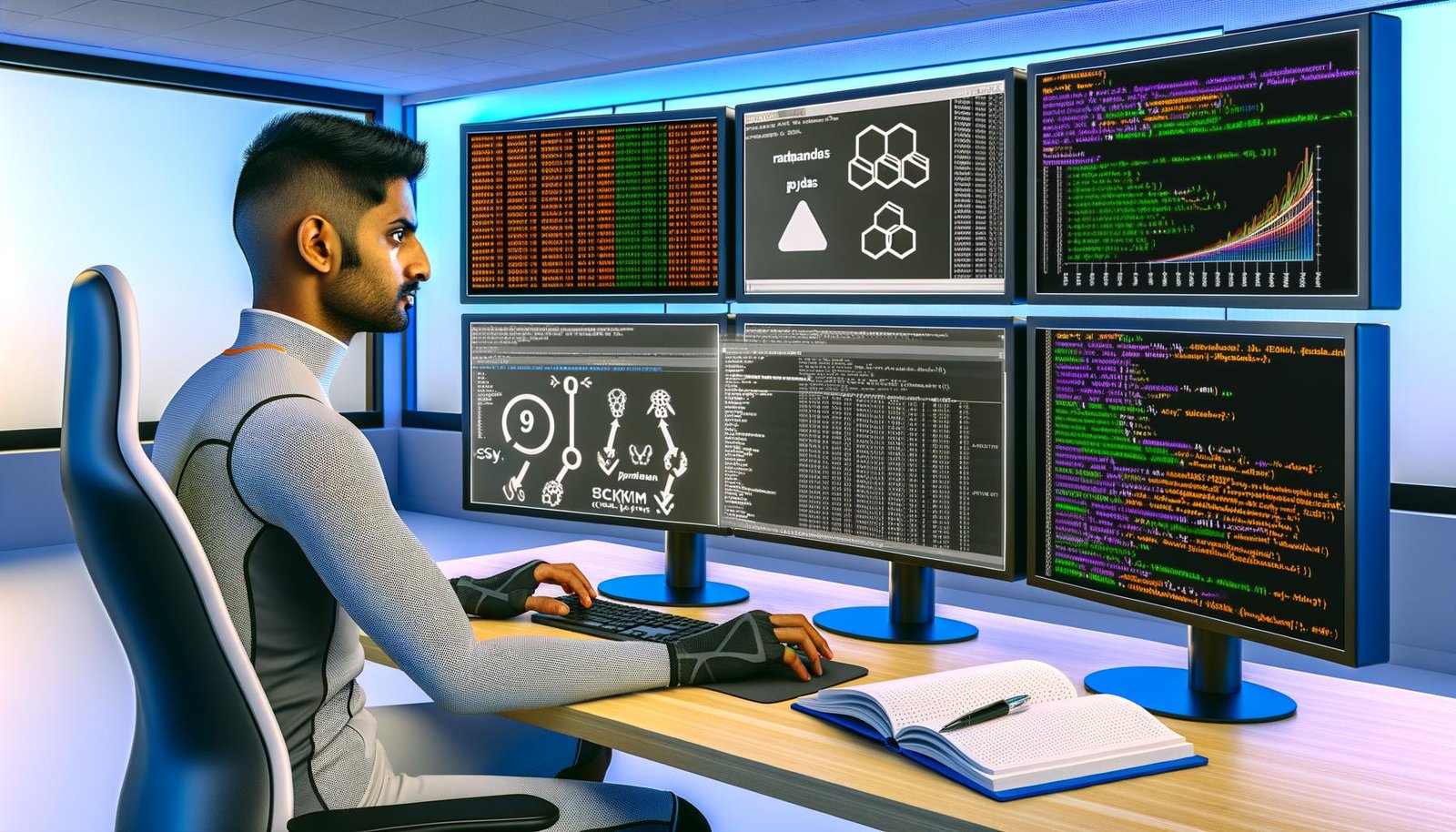 Data Scientist in sportlicher Kleidung analysiert komplexe Daten mit Python, Pandas und scikit-learn an futuristischen Arbeitsplätzen voller Bildschirme, Diagramme und Algorithmen.