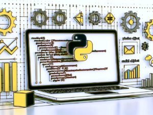 Dynamische, moderne Illustration eines Python-Skripts mit Scikit-Learn-Code und ML-Komponenten, sichtbar am Laptop, umgeben von Symbolen für Datenverarbeitung, Automatisierung und Effizienz.