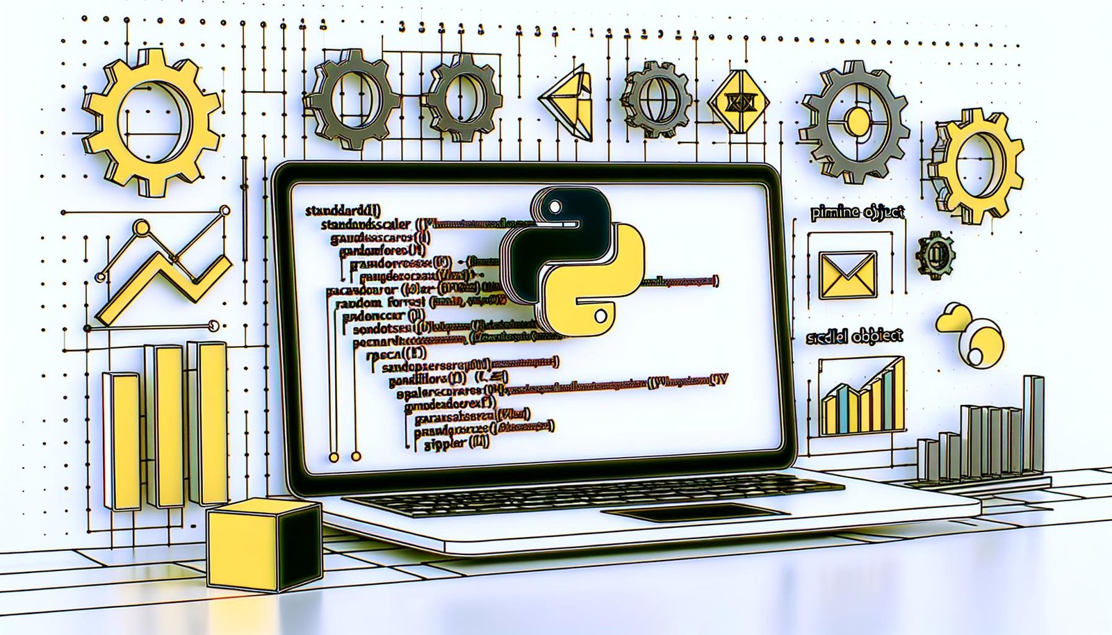 Dynamische, moderne Illustration eines Python-Skripts mit Scikit-Learn-Code und ML-Komponenten, sichtbar am Laptop, umgeben von Symbolen für Datenverarbeitung, Automatisierung und Effizienz.