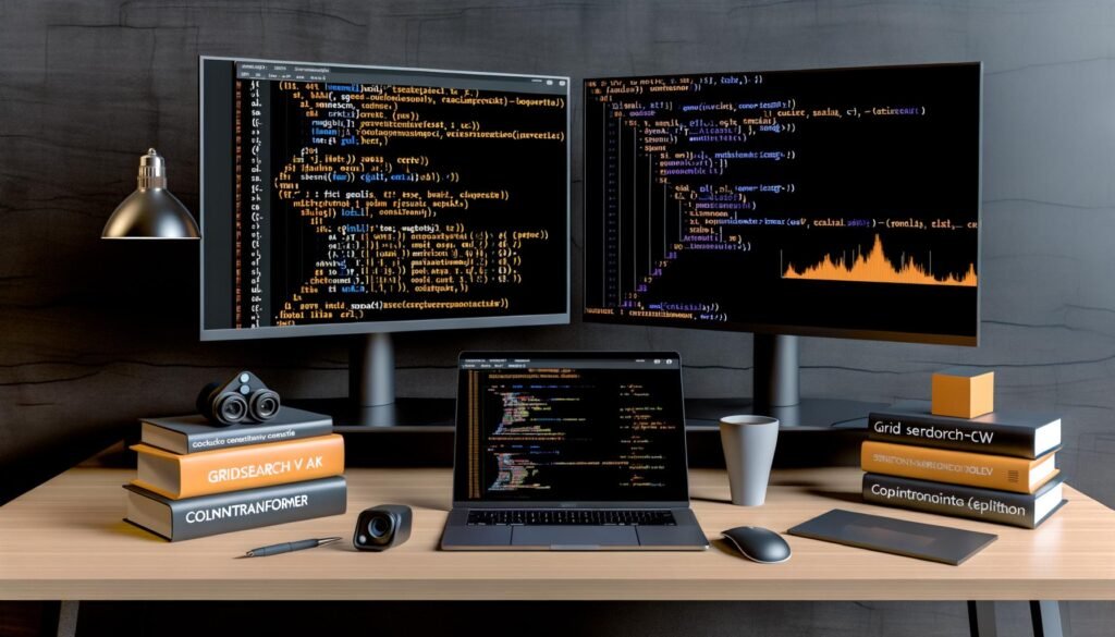 Moderner Arbeitsplatz mit zwei Monitoren; einer zeigt Python-Code und Scikit-learn-Pipelines in einem Jupyter Notebook, der andere bildet Grafiken und Evaluationsmetriken ab. Auf dem Tisch stehen ein Laptop, eine Kaffeetasse und Fachbücher zum maschinellen Lernen.