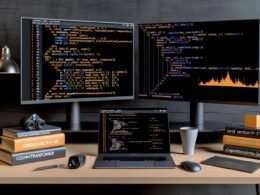 Moderner Arbeitsplatz mit zwei Monitoren; einer zeigt Python-Code und Scikit-learn-Pipelines in einem Jupyter Notebook, der andere bildet Grafiken und Evaluationsmetriken ab. Auf dem Tisch stehen ein Laptop, eine Kaffeetasse und Fachbücher zum maschinellen Lernen.