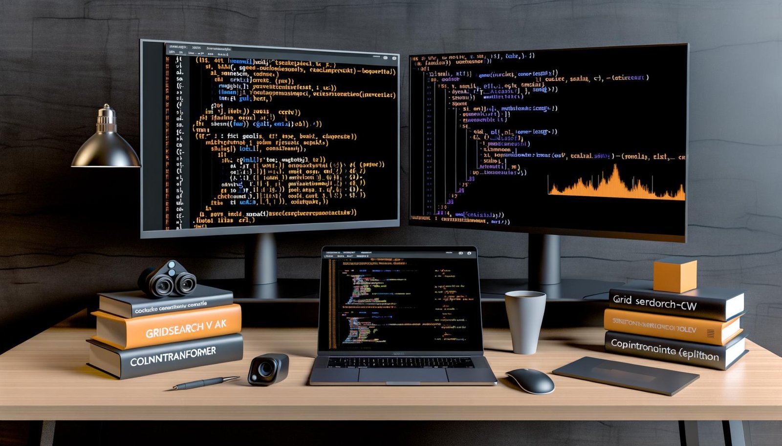 Moderner Arbeitsplatz mit zwei Monitoren; einer zeigt Python-Code und Scikit-learn-Pipelines in einem Jupyter Notebook, der andere bildet Grafiken und Evaluationsmetriken ab. Auf dem Tisch stehen ein Laptop, eine Kaffeetasse und Fachbücher zum maschinellen Lernen.