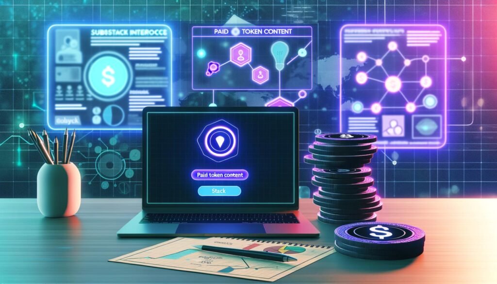 Modern eingerichteter Schreibtisch mit Laptop, Substack Paid Token Content Bereich, digitalen Tokens, Preismodell-Karten sowie leuchtenden Infografiken im Hintergrund.