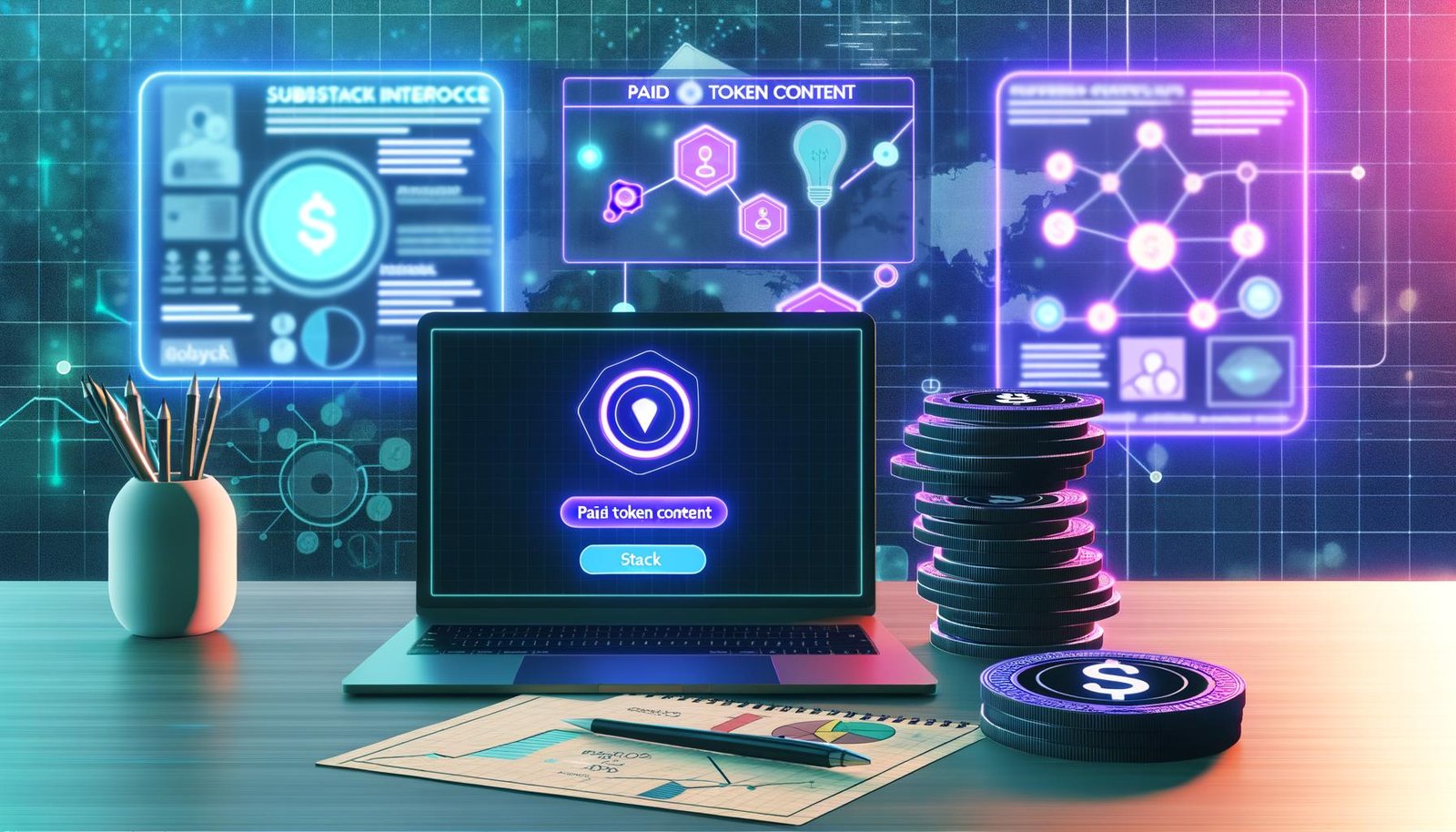 Modern eingerichteter Schreibtisch mit Laptop, Substack Paid Token Content Bereich, digitalen Tokens, Preismodell-Karten sowie leuchtenden Infografiken im Hintergrund.