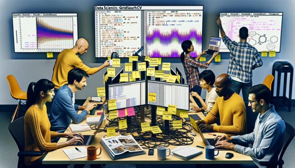 Data Scientists arbeiten kollaborativ an komplexen Python-Codes und Visualisierungen in einem energiegeladenen Büro mit Notizen zu GridSearchCV, Pipeline und Feature Engineering.