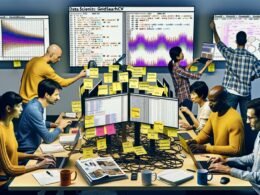 Data Scientists arbeiten kollaborativ an komplexen Python-Codes und Visualisierungen in einem energiegeladenen Büro mit Notizen zu GridSearchCV, Pipeline und Feature Engineering.