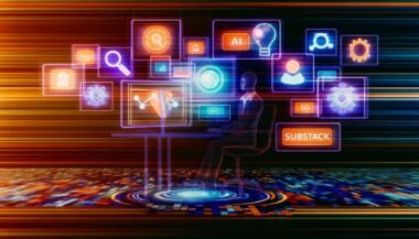 Person am modernen Schreibtisch vor Bildschirmen mit digitalen Content- und Daten-Flows sowie AI-, SEO- und Chart-Symbolen. Im Hintergrund unscharfe Logos von Substack, ChatGPT, BuzzSumo, Jasper, in leuchtenden Orange-, Blau- und Grüntönen.