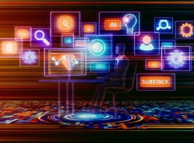 Person am modernen Schreibtisch vor Bildschirmen mit digitalen Content- und Daten-Flows sowie AI-, SEO- und Chart-Symbolen. Im Hintergrund unscharfe Logos von Substack, ChatGPT, BuzzSumo, Jasper, in leuchtenden Orange-, Blau- und Grüntönen.