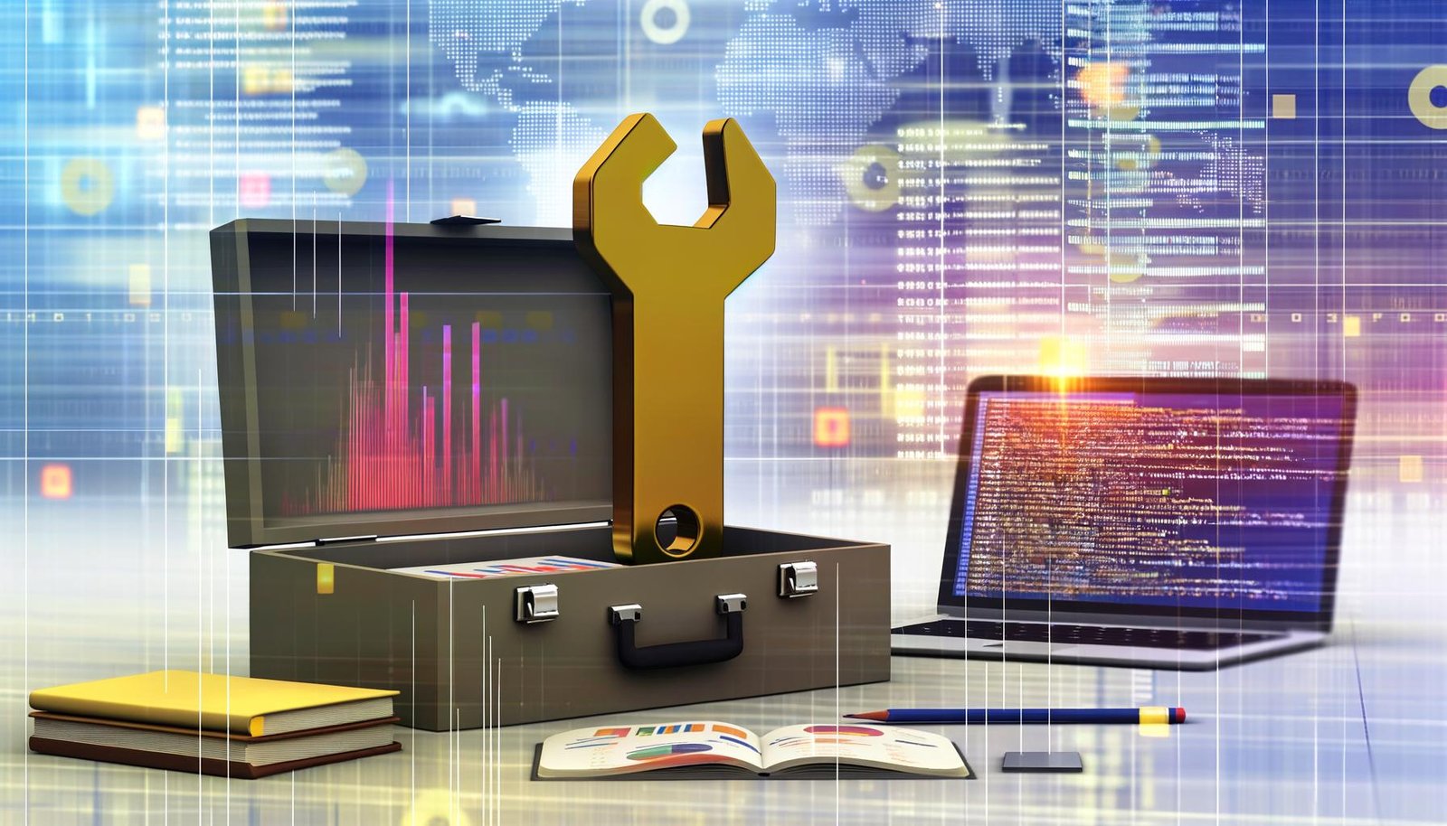 Technische Illustration eines offenen Werkzeugkastens voller Data-Science-Tools, darunter ein hervorgehobenes goldenes scikit-learn-Logo, Diagramme und Tabellen, mit Codezeilen im Hintergrund.