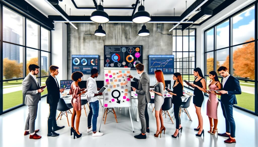 Kreatives Marketing-Team bespricht am Whiteboard Content-Strategien mit KPIs, Redaktionsplan und Echtzeit-Performance-Dashboards