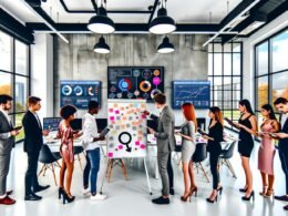 Kreatives Marketing-Team bespricht am Whiteboard Content-Strategien mit KPIs, Redaktionsplan und Echtzeit-Performance-Dashboards