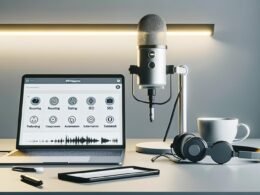 Aufgeräumter Arbeitsplatz mit hochwertigem Podcast-Mikrofon, Laptop mit offenem Workflow-Diagramm, Kopfhörern, Smartphone, Kaffeetasse und dezentem LED-Panel im Hintergrund.