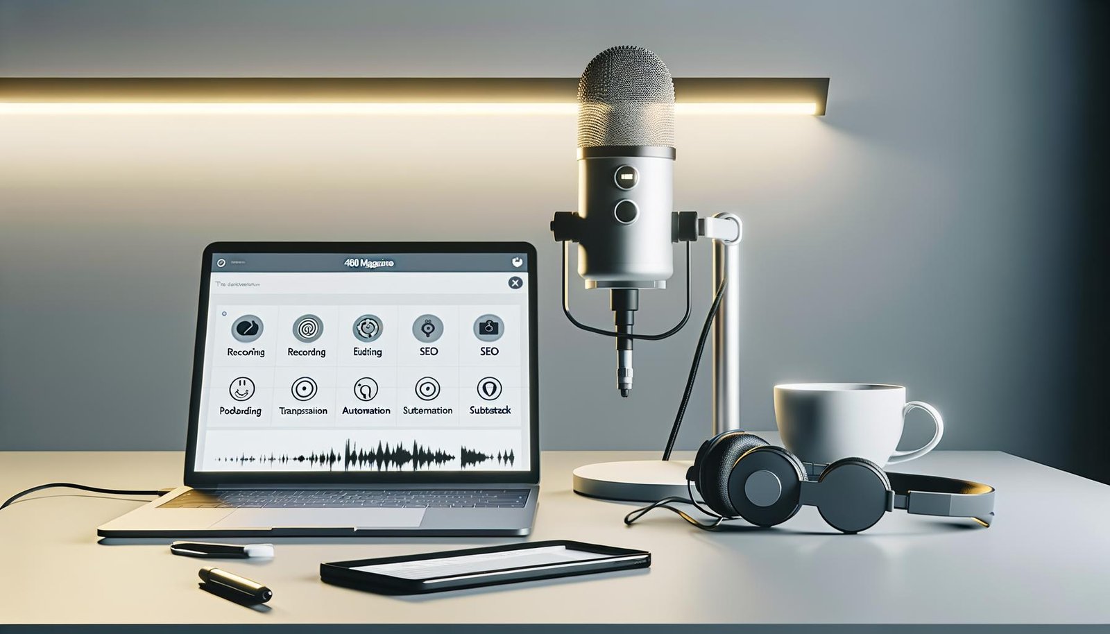 Aufgeräumter Arbeitsplatz mit hochwertigem Podcast-Mikrofon, Laptop mit offenem Workflow-Diagramm, Kopfhörern, Smartphone, Kaffeetasse und dezentem LED-Panel im Hintergrund.