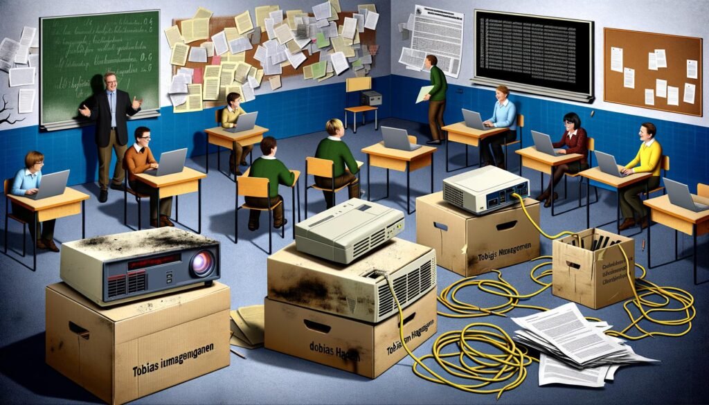 Moderner deutscher Klassenraum mit überforderten Lehrkräften, veralteter Technik, LAN-Kabeln, Kreidetafeln, einem Beamer mit Burn-ins und gestapelten Dokumenten.