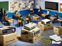 Moderner deutscher Klassenraum mit überforderten Lehrkräften, veralteter Technik, LAN-Kabeln, Kreidetafeln, einem Beamer mit Burn-ins und gestapelten Dokumenten.