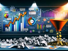 Digitales Editorial mit chaotischem Schreibtisch, zerknittertem Funnel, Datenpunkten, Euro-Münzen, Conversion-Box, KPI-Diagramm und verblassenden Social-Media-Icons im humorvollen Infografik-Stil.