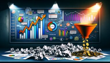 Digitales Editorial mit chaotischem Schreibtisch, zerknittertem Funnel, Datenpunkten, Euro-Münzen, Conversion-Box, KPI-Diagramm und verblassenden Social-Media-Icons im humorvollen Infografik-Stil.