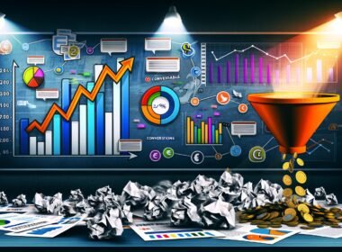 Digitales Editorial mit chaotischem Schreibtisch, zerknittertem Funnel, Datenpunkten, Euro-Münzen, Conversion-Box, KPI-Diagramm und verblassenden Social-Media-Icons im humorvollen Infografik-Stil.