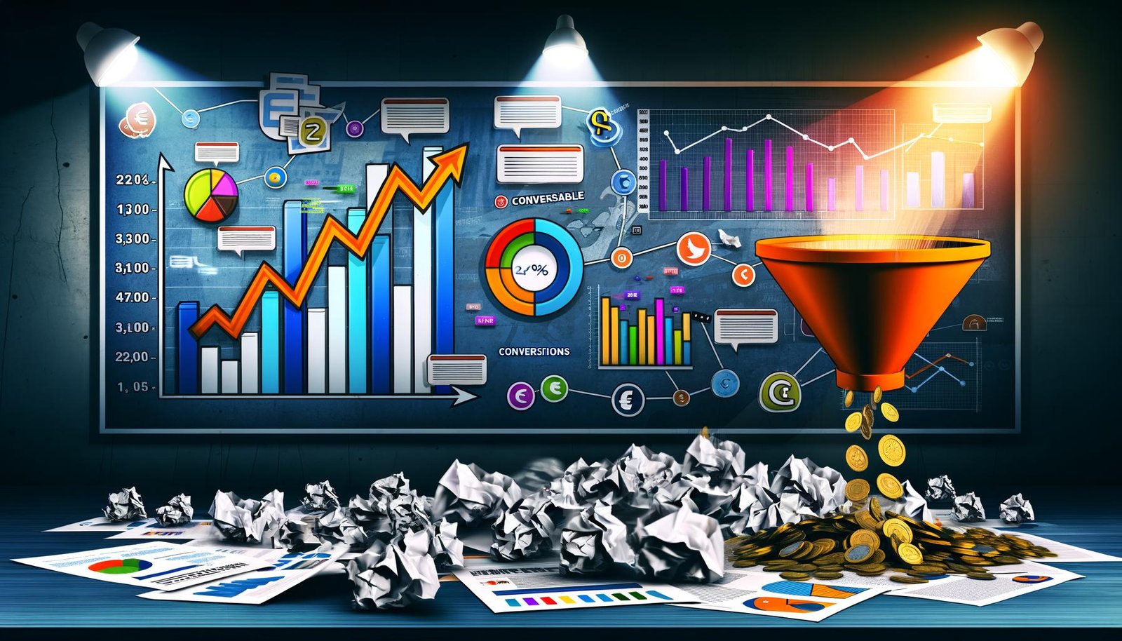 Digitales Editorial mit chaotischem Schreibtisch, zerknittertem Funnel, Datenpunkten, Euro-Münzen, Conversion-Box, KPI-Diagramm und verblassenden Social-Media-Icons im humorvollen Infografik-Stil.