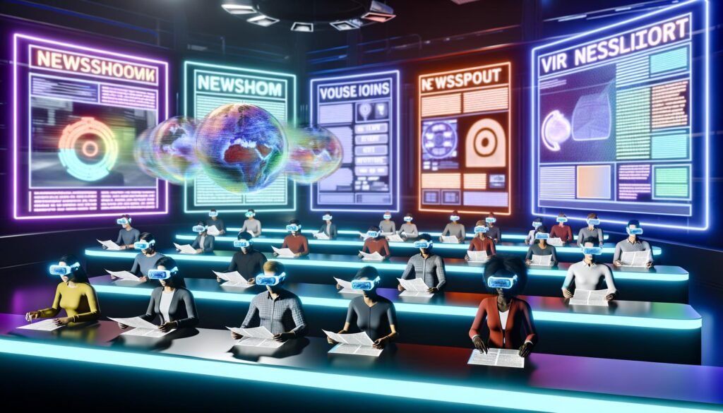 Redaktion der Zukunft mit VR-Headsets, digitalen Newslettern und leuchtendem Kontroll-Panel für Performance, UX und Accessibility