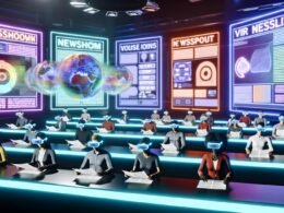 Redaktion der Zukunft mit VR-Headsets, digitalen Newslettern und leuchtendem Kontroll-Panel für Performance, UX und Accessibility