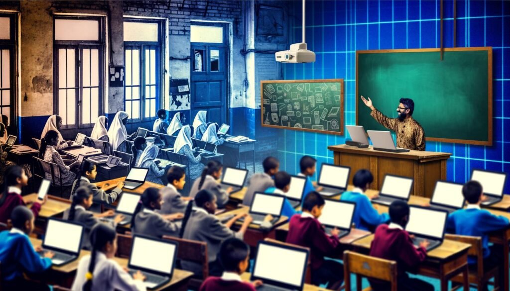 Schülerinnen und Schüler mit Laptops und Tablets in einem modernen Klassenzimmer, im Hintergrund veraltete Tafeln und Overheadprojektoren sichtbar.