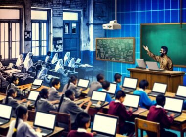 Schülerinnen und Schüler mit Laptops und Tablets in einem modernen Klassenzimmer, im Hintergrund veraltete Tafeln und Overheadprojektoren sichtbar.
