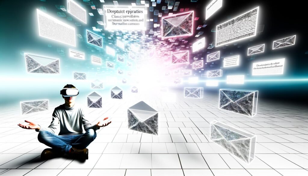Person mit VR-Brille in einem hellen, abstrakten Raum mit leuchtenden Infoboxen und 3D-Inhalten, umgeben von schwebenden Icons und zerfallenden Newslettern-Symbolen