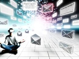 Person mit VR-Brille in einem hellen, abstrakten Raum mit leuchtenden Infoboxen und 3D-Inhalten, umgeben von schwebenden Icons und zerfallenden Newslettern-Symbolen