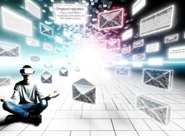 Person mit VR-Brille in einem hellen, abstrakten Raum mit leuchtenden Infoboxen und 3D-Inhalten, umgeben von schwebenden Icons und zerfallenden Newslettern-Symbolen