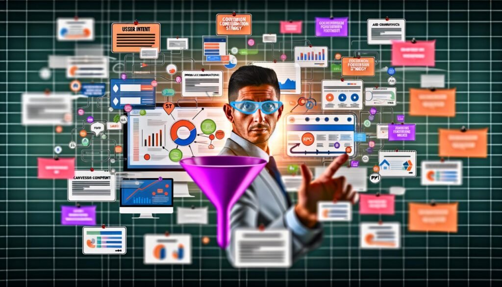 Moderne Illustration eines digitalen Arbeitsplatzes mit bunten Bildschirmen voller Conversion-Funnel, SEO-Grafiken, Heatmaps und Content-Formaten. Im Vordergrund eine konzentrierte Person, die auf Statistiken zeigt, umgeben von Notizzetteln mit wichtigen Online-Marketing-Begriffen.