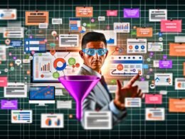 Moderne Illustration eines digitalen Arbeitsplatzes mit bunten Bildschirmen voller Conversion-Funnel, SEO-Grafiken, Heatmaps und Content-Formaten. Im Vordergrund eine konzentrierte Person, die auf Statistiken zeigt, umgeben von Notizzetteln mit wichtigen Online-Marketing-Begriffen.