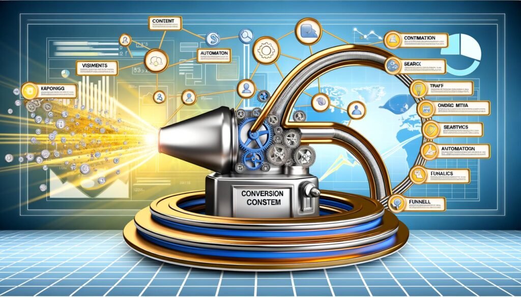 Illustration eines Conversion Content Systems als moderne Maschine mit Datenströmen, die aus Traffic-Quellen Leads erzeugt. Mit Beschriftungen wie Content, SEO, Automation, Analytics, Funnel und einem Büroumfeld im Hintergrund.