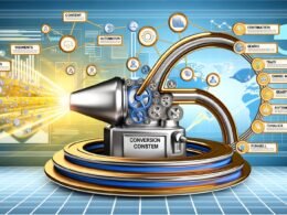 Illustration eines Conversion Content Systems als moderne Maschine mit Datenströmen, die aus Traffic-Quellen Leads erzeugt. Mit Beschriftungen wie Content, SEO, Automation, Analytics, Funnel und einem Büroumfeld im Hintergrund.