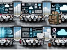 Szenen aus einem deutschen Regierungsgebäude mit Politikern, digitalen Bildschirmen, Cloud-Visualisierungen, alten Faxgeräten, einem Labyrinth aus Legacy-Systemen und einer symbolischen Trennung von analoger und digitaler Verwaltung.