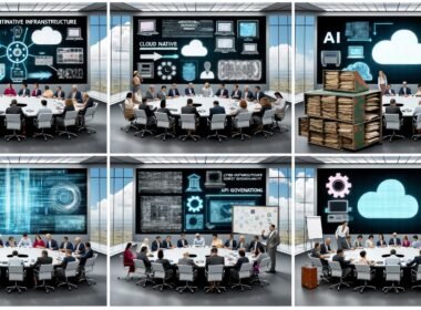 Szenen aus einem deutschen Regierungsgebäude mit Politikern, digitalen Bildschirmen, Cloud-Visualisierungen, alten Faxgeräten, einem Labyrinth aus Legacy-Systemen und einer symbolischen Trennung von analoger und digitaler Verwaltung.