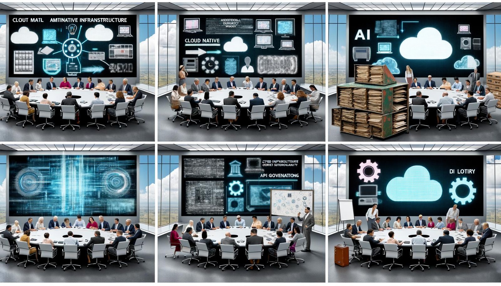 Szenen aus einem deutschen Regierungsgebäude mit Politikern, digitalen Bildschirmen, Cloud-Visualisierungen, alten Faxgeräten, einem Labyrinth aus Legacy-Systemen und einer symbolischen Trennung von analoger und digitaler Verwaltung.