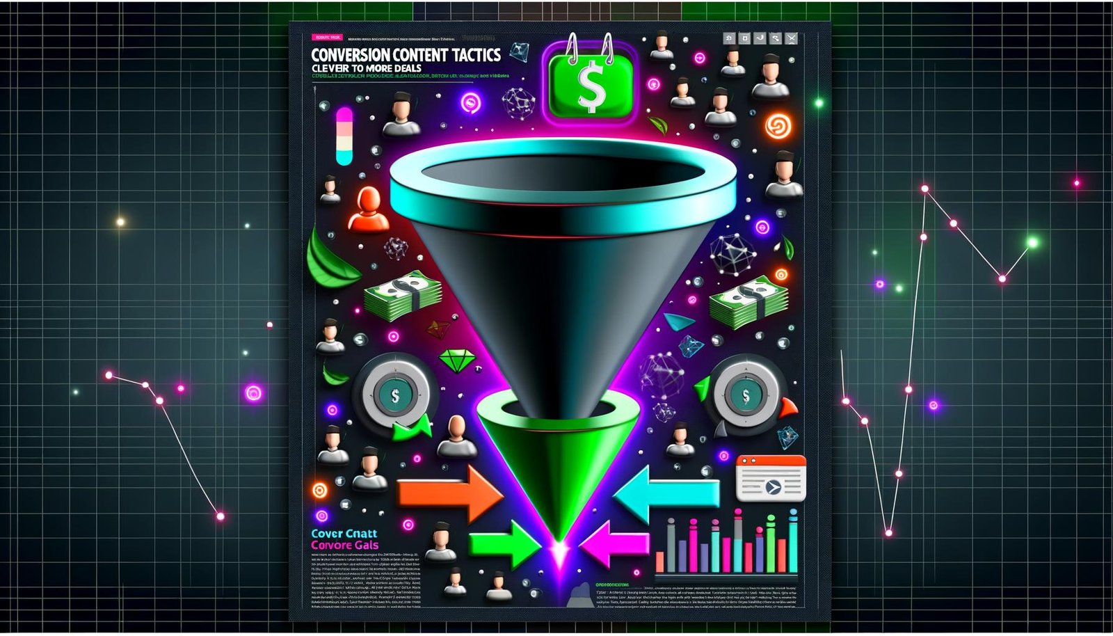 Dynamisches Magazin-Titelbild mit abstrakter Website-Funnel-Grafik, Besucher-Avataren, Neon-Trichter, Geldscheinen, Wachstumspfeilen, großem grünen CTA-Button, Datenpunkten und Trust-Siegeln auf anthrazitfarbenem Hintergrund.