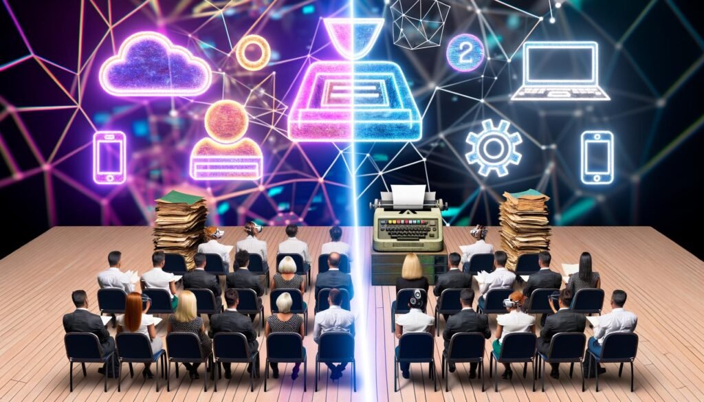 Politiker mit Papier und Fax auf der einen, junge Menschen mit digitalen Geräten auf der anderen Seite eines geteilten Bundestagssaals. Neonlinien und Icons für moderne Technologien trennen die Gruppen.