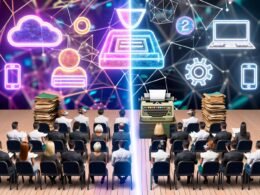 Politiker mit Papier und Fax auf der einen, junge Menschen mit digitalen Geräten auf der anderen Seite eines geteilten Bundestagssaals. Neonlinien und Icons für moderne Technologien trennen die Gruppen.