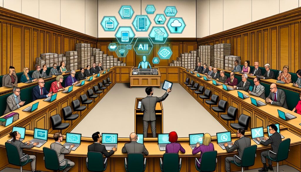 Illustration einer Parlamentsdebatte mit Politikern an langen Holztischen, umgeben von digitalen Geräten, klassischen Akten, Touchscreens und KI-Symbolen. Ein digitaler Graben teilt das Bild zwischen analog und digital.