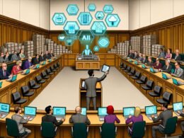 Illustration einer Parlamentsdebatte mit Politikern an langen Holztischen, umgeben von digitalen Geräten, klassischen Akten, Touchscreens und KI-Symbolen. Ein digitaler Graben teilt das Bild zwischen analog und digital.